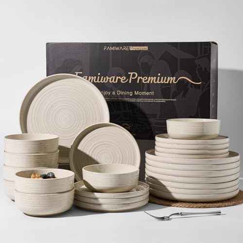 Stoneware Dinnerware Sets for 8, Reactive Glaze Plates & Bowls, Shell Beige