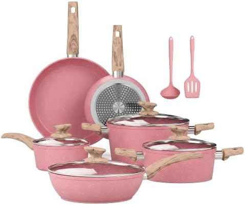 Kitchen Academy Induction Pots and Pans Set Non Stick, 12Pcs Pink