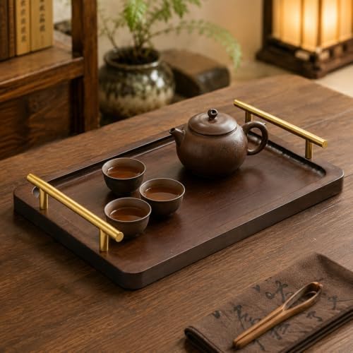 LUOZZY Rectangular Bamboo Serving Tray with Metal Handles A
