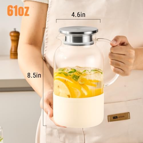 PARACITY Glass Pitcher with Lid, 61 oz Glass Water Pitcher, Off-White