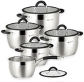 Daniks Orlando 10-Piece Stainless Steel Cookware Set with Glass Lids, Includes Saucepan, Tri-Ply Bases for Even Heating, Induction Compatible, Dishwasher Safe, Heatproof Handles