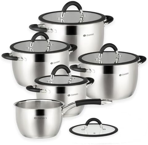 Daniks Orlando 10-Piece Stainless Steel Cookware Set with Glass Lids, Includes Saucepan, Tri-Ply Bases for Even Heating, Induction Compatible, Dishwasher Safe, Heatproof Handles