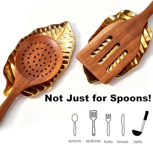 4 Pack Gold Leaf Spoon Rest, 6.7" Stainless Steel Coffee Spoon Holder