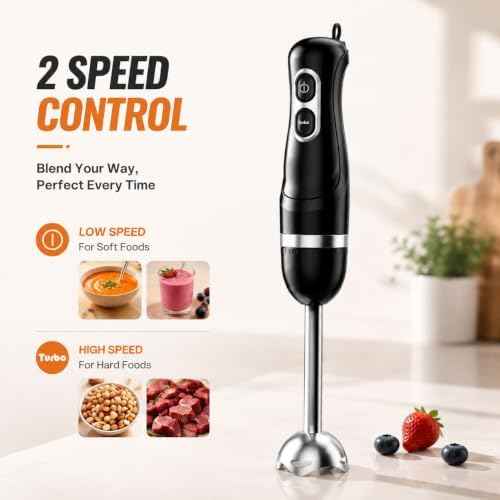 Turelar Corded Immersion Blender with 2 Speed Emulsifier, Puree, Blend