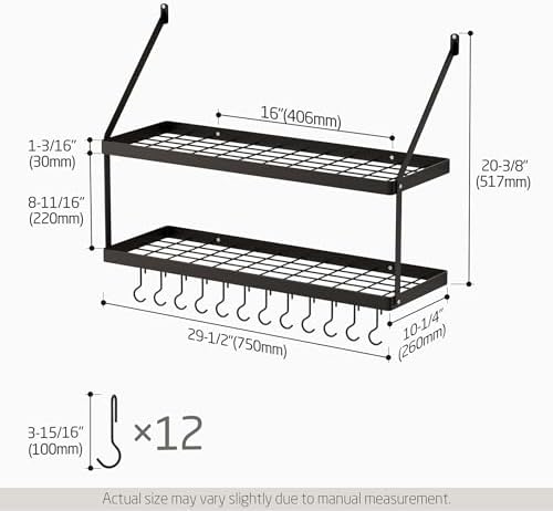 KES 2-Tier Wall Pot Rack, 30-Inch, 100 Lbs Load, Heavy-Duty, Matte Black
