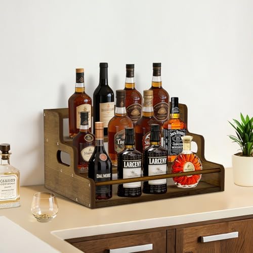 Bamboo Liquor Bottle Display Shelf, 3 Step Countertop Wine Rack, Bar