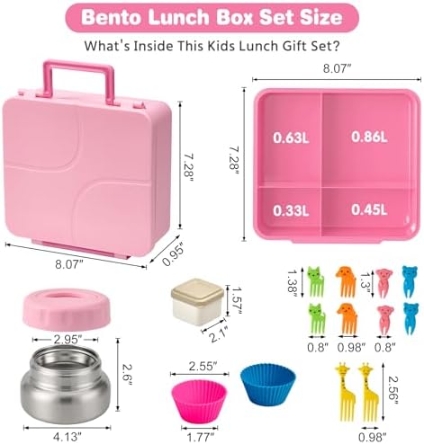 Bento Lunch Box with 9.5 oz Soup Thermo, Kids Leakproof 4 Compartments