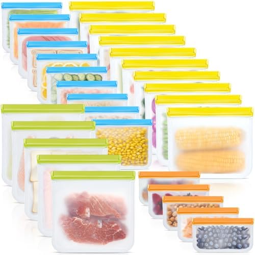 30 Pack Reusable Silicone Food Storage Bags, 4 Size Leak proof