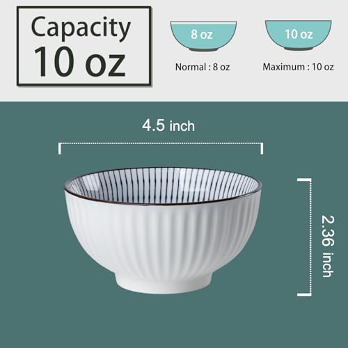 10 oz Small Ceramic Bowls Set of 6, 4.5 Inch Japanese Blue and White