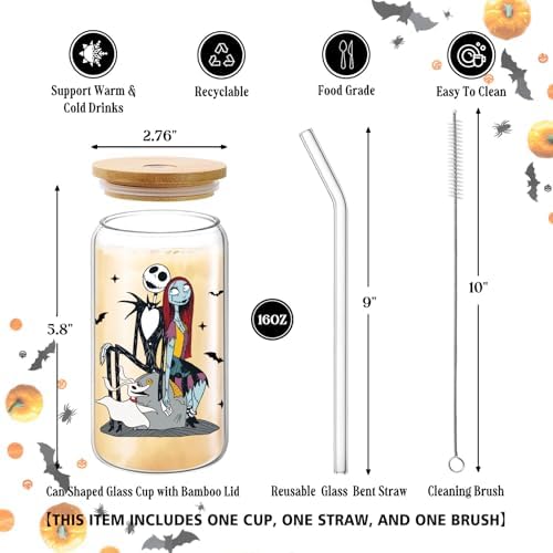 Nightmare Before Halloween Glass Cup for Women Men, 16 oz Glass Cup