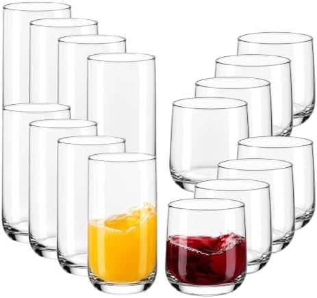 Libbey Ascent Tumbler & Rocks Drinking Glasses Set of 16, Clear Glass