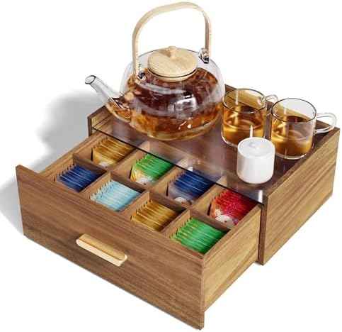 Alsonerbay Acacia Wood Tea Bag Organizer, Tea Box with Drawer, Natural