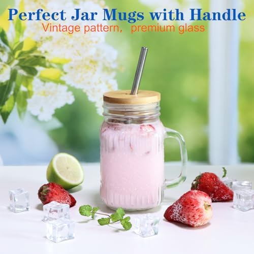 Magicsky Glass Mason Jar Drinking Cups with Handles Iced Coffee Mugs