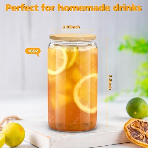Glass Cups with Lids and Straws - 16 oz Glass Drinking Cups Set for