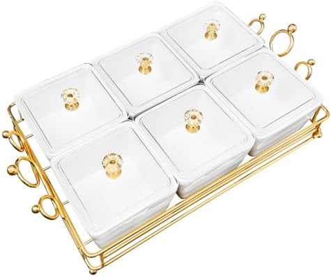 YA JU Ceramic Bowls and with Lid Gold Basket Trays, 6 Removable Small Bowls Condiment Trays Nut Serving Set for Snacks, Fruits, Candy and Condiments -Great for Parties, Holiday Gifts, White