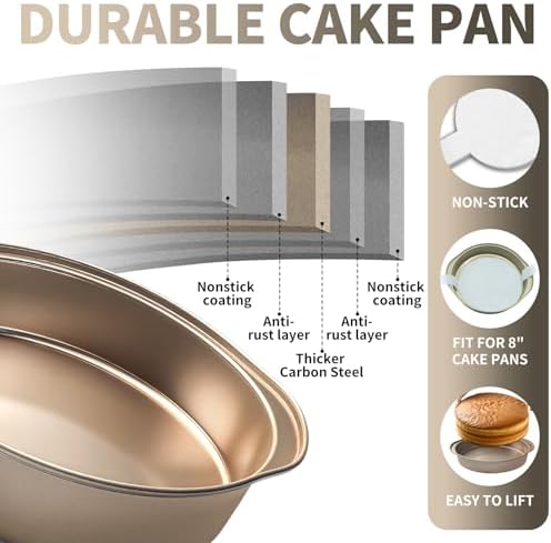 8" Round Cake Pans with 50PCS Parchment Papers, Carbon Steel, Gold