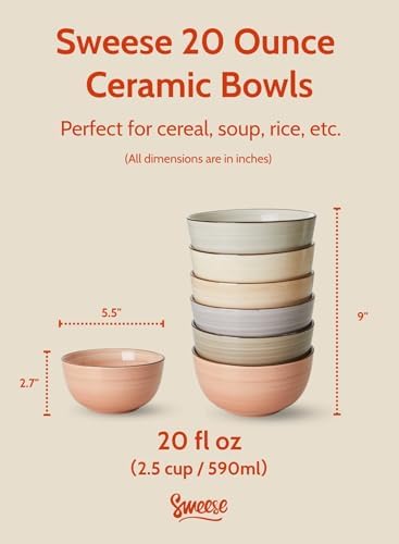 Sweese 20 Oz Porcelain Cereal Bowls - Multicolor Set of 6, Dishwasher