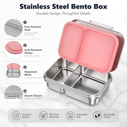 Pawtong Stainless Steel Bento Box for Kids, 2 Compartment Food Grade