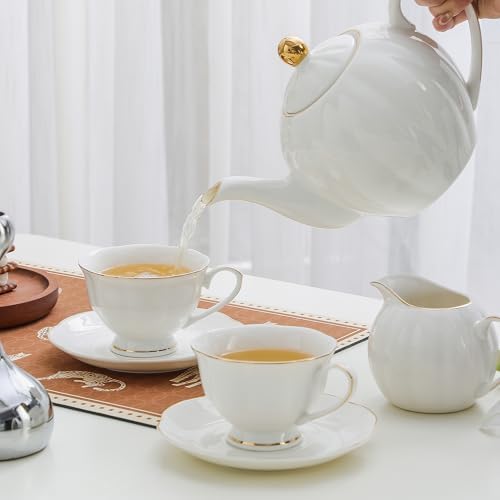 6oz White Ceramic Tea Cup and Saucer Set, Set of 8 with gold rim