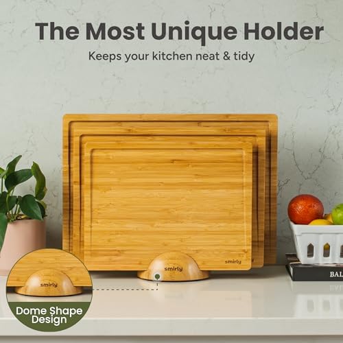 SMIRLY 3 Piece Bamboo Cutting Board Set with Stand for Kitchen