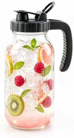 Glass Pitcher with Lid 64OZ Mason Jar Pitcher with Ergonomic Handle