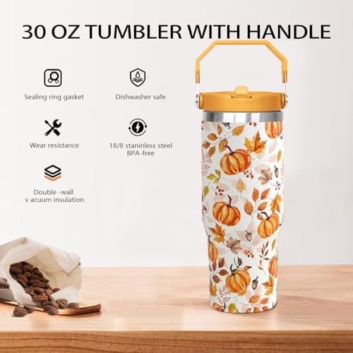 30oz Fall Pumpkin Flip Tumbler with Handle lid and Straw,Fall Coffee