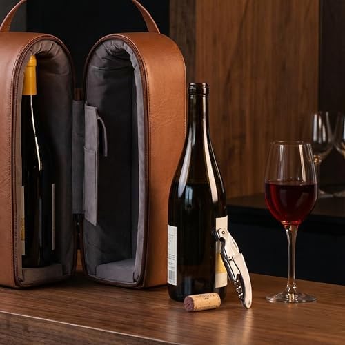 Bey-Berk Vino Brown Leather Double Wine Caddy, Two-Bottle Travel Case