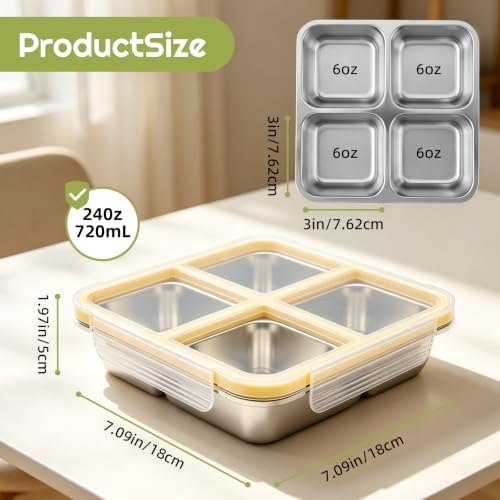 Malist 4 Pack 4-Compartment Stainless Steel Containers with 4 Steel