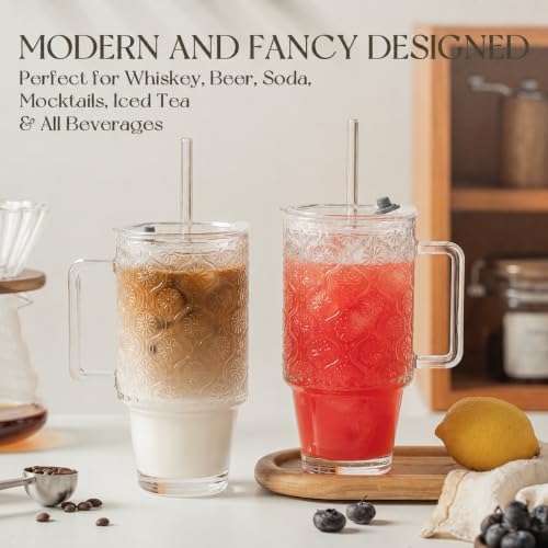 KEMORELA 24oz Ribbed Glass Tumbler with Handle & Lid, Iced Coffee Cups