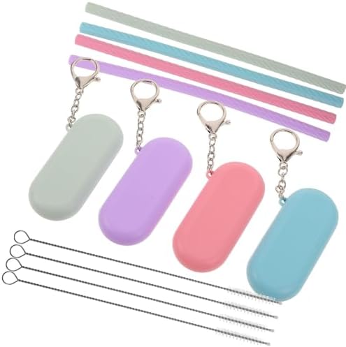 4 Sets Reusable Silicone Straws Set with Case Keychain and Cleaner