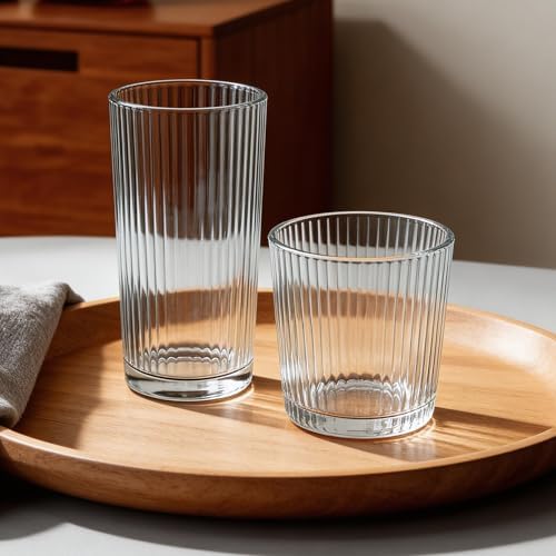 12PCS Ribbed Drinking Glasses - 6 Highball Glasses 8oz, 6 Rocks Glass