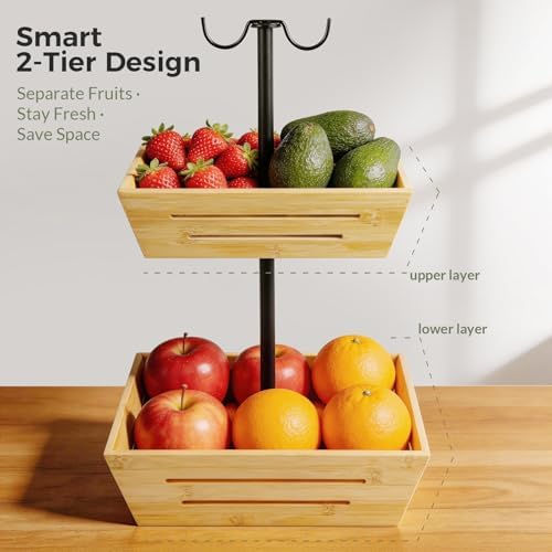 G.a HOMEFAVOR 2-Tier Bamboo Square Fruit Basket for Kitchen Countertop