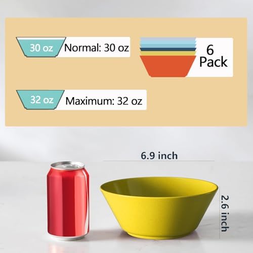 Unbreakable Large Cereal Bowls Set of 6, 32 Ounce BPA-Free Microwave &