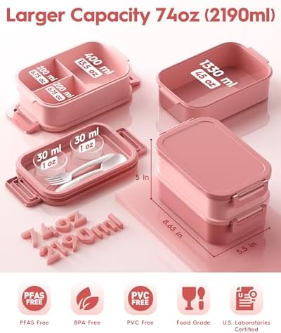 Canfanni Adults Bento Box with Thermo Bag, 74oz Capacity 3 Stackable