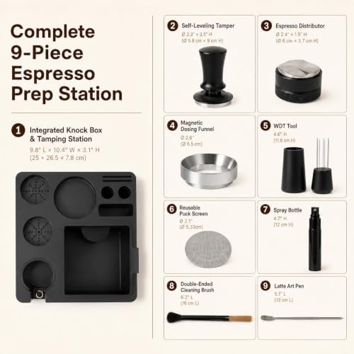 54mm Espresso Accessories Kit, 9-Piece Set with Knock Box & Tamping