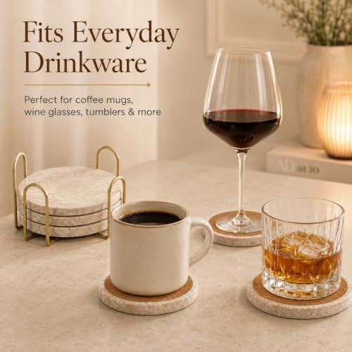 Travertine Coasters with Gold Holder, Set of 4 Natural Stone, Cork