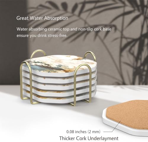 UMIRRO Absorbent Ceramic Stone Coasters Set of 6 with Holder, Teal