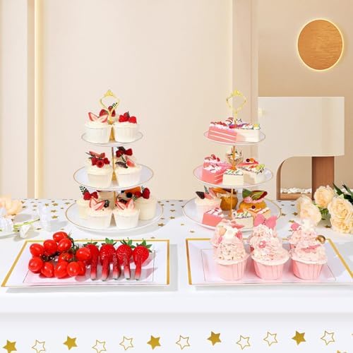 DI QIU REN 8PCS Gold-Rim Cake Plastic Dessert Display Stands Sets for