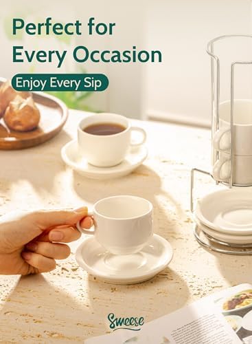 Sweese 2.5 Ounce Porcelain Stackable Espresso Cups with Saucers and
