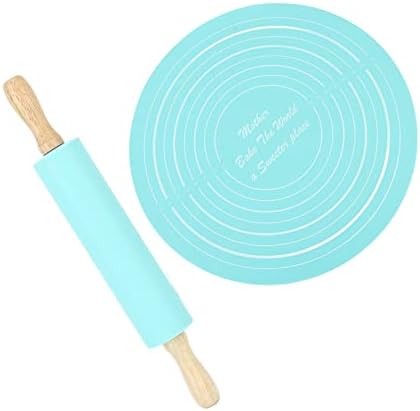 Jiawu Silicone Rolling Pin Pastry Baking Mat Set, Beech Wood (Blue)