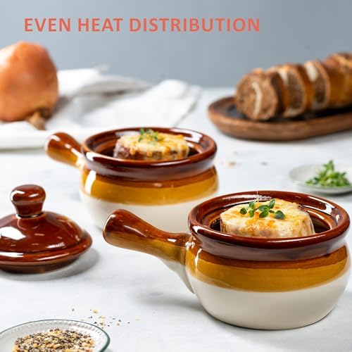 KooK French Onion Soup Crocks, Ceramic Bowls with Lids, Large Handles