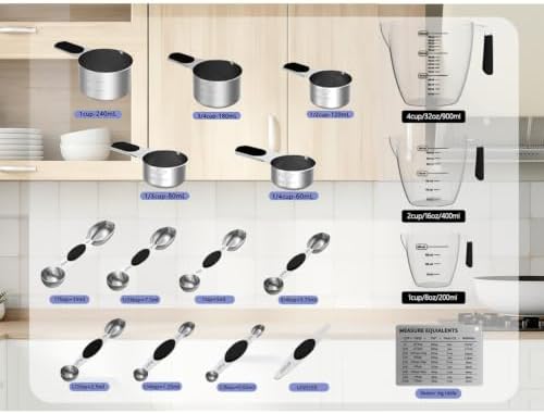 Magnetic Measuring Cups and Spoons Set,Stainless Steel 5 Dry & Liquid Measuring Cups Dry,7 Magnetic Measuring Spoons,3 Plastic Measuring Cup with 1 Measuring Conversion Chart for Cooking & Baking