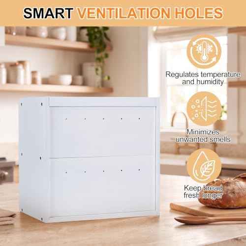 Alpeir Bread Box for Kitchen Countertop, Double Layer Large Breadbox, White