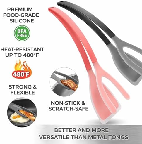 Silicone Spatula Tongs Set of 2, Black and Red