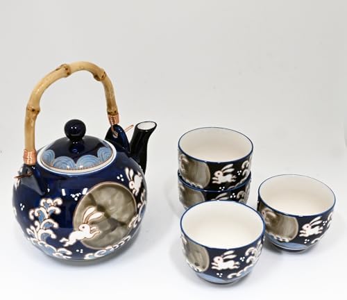 Japanese Folklore Moon Rabbit Wave Design Porcelain Tea Set with