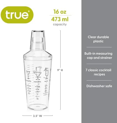 True Maraca Cocktail Shaker with Built In Strainer, Drink Mixer with 7