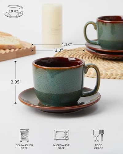 Pokini Stoneware Coffee Cups with Saucers, Cappuccino Cups, Mugs Set