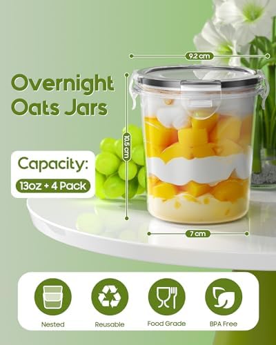 Canfanni Overnight Oats Containers with Lids, 4 Pack 13oz Overnight