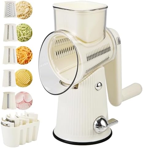 Rotary Cheese Grater with Handle, 5-in-1, White