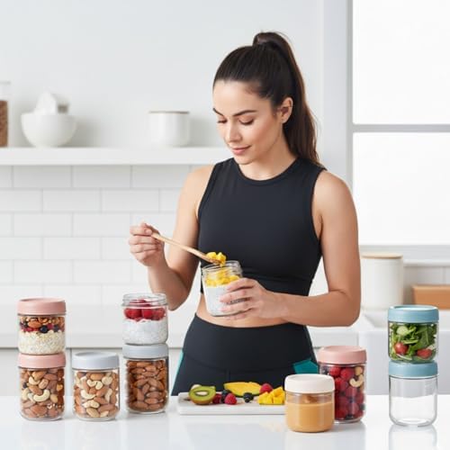 ColoVie Glass Meal Prep Jar Set, 8 Pack Overnight Oats Containers